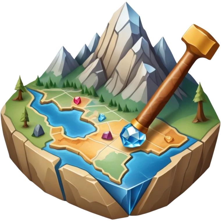 An icon featuring a rock hammer, a fossil, and a geological map, symbolizing geology. The design includes layers of the Earth, a crystal, and a mountain range, representing the study of Earth's structure, materials, and natural processes. Transparent background highlights geological research emoji