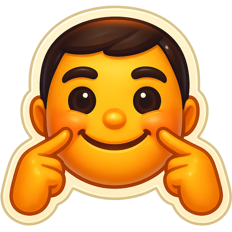 Create a playful emoji-style face inspired by the reference image pose: two hands, each with one index finger pressing on each cheek. The expression should be friendly, confident, cute, happy, and positive. Do not include tongue out or any sad or self-deprecating emotion. emoji
