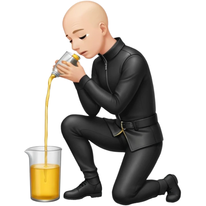 Bald man on his knees submissive to tall, standing man in leather, pouring piss down his throat emoji