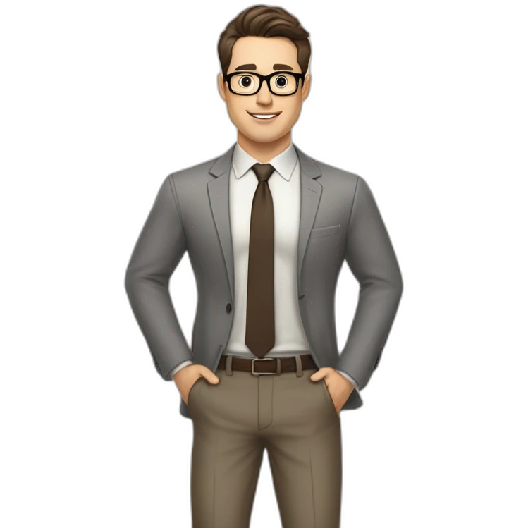 Pale skinned fit man with dark brown hair in gray jacket, beige office shirt, brown tie, brown pants and vintage glasses Writing on the marker board emoji