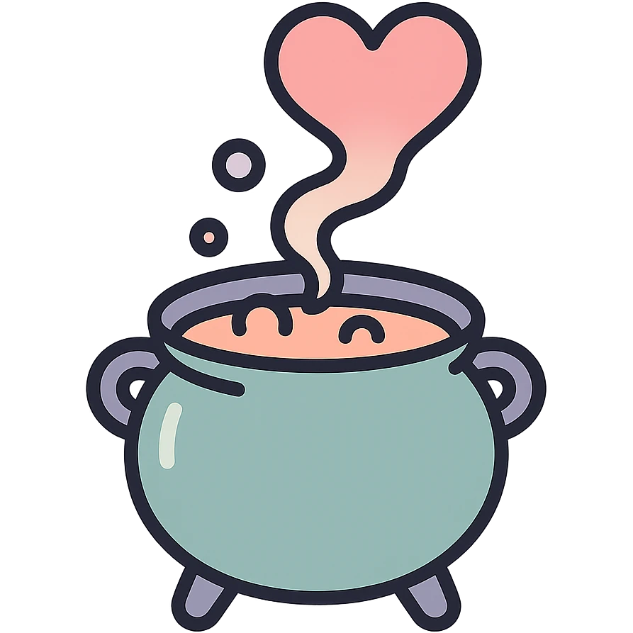A witch's cauldron brewing a potion with steam transforming into a heart, icon-color-outlined style, thin clean contours, soft rounded shapes, pastel palette #98B5BC, #B5B3C1, #C9A3C9, #E4C0CA, #F7DCD1, #F7C0AA, modern Japanese pop art and sticker aesthetic, detailed shadows and highlights, soft lighting, transparent background emoji