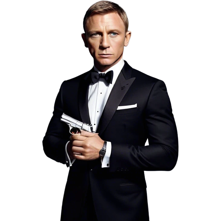 Cinematic Realistic James Bond Daniel Craig Portrait Emoji, depicted as the ultimate suave and enigmatic secret agent, donning a sharply tailored tuxedo, gripping a sleek handgun, with a piercing gaze that exudes confidence and danger. The scene is infused with moody, high-contrast cinematic lighting, evoking the thrilling world of espionage and intrigue. emoji