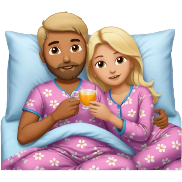 Naked bald Indian man with a beard in bed spooning naked blonde woman emoji