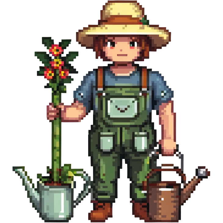 gardener character with straw hat, watering can, and gardening tools emoji