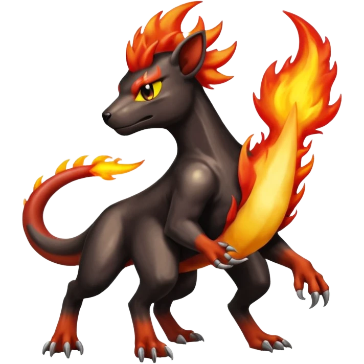 Badass cool shiny Houndoom-Charmeleon-Fakémon-hybrid-creature (full body)  with flamey Mohawk  emoji