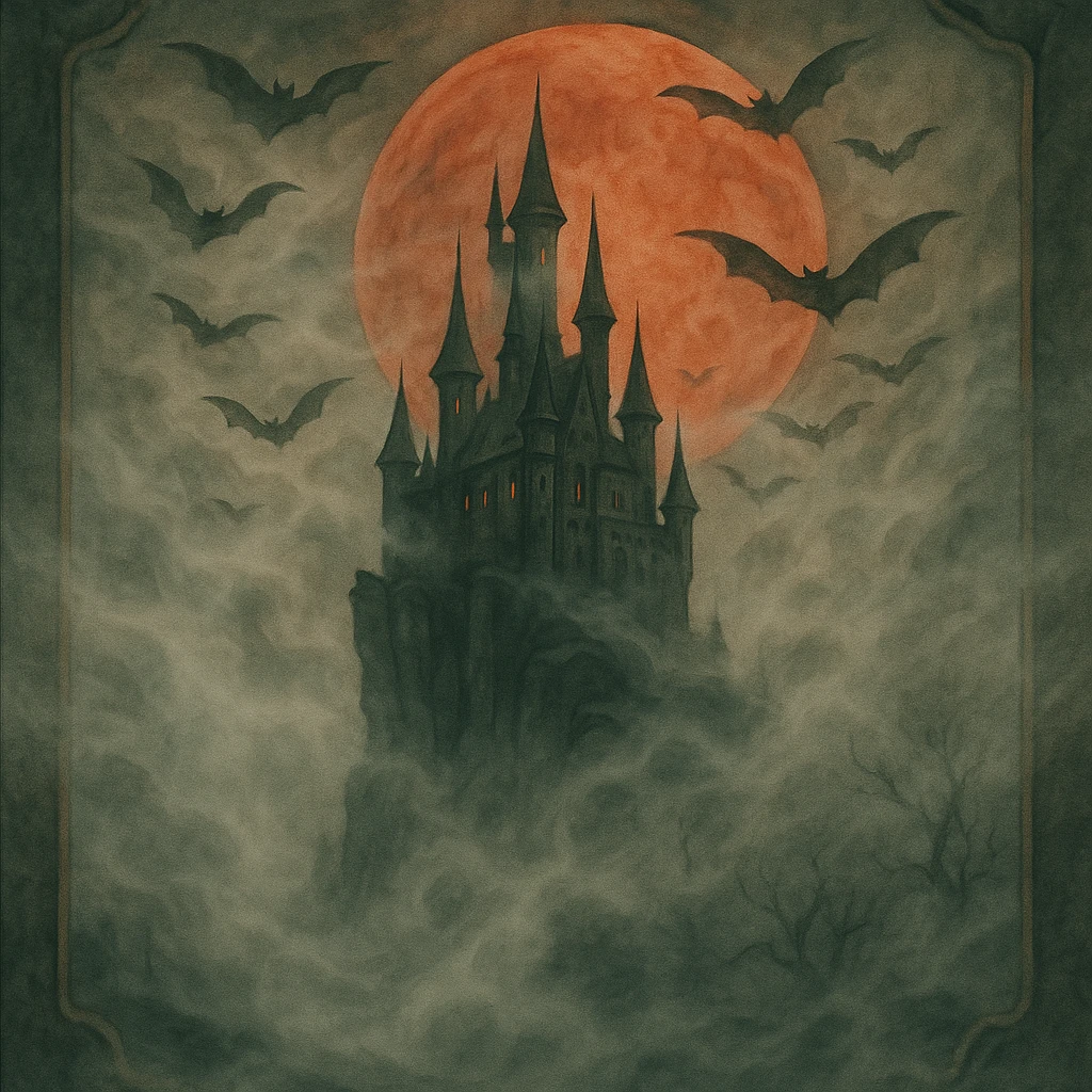 Add thick fog and swirling mist throughout the scene to enhance the creepy atmosphere, keep all other details unchanged. emoji