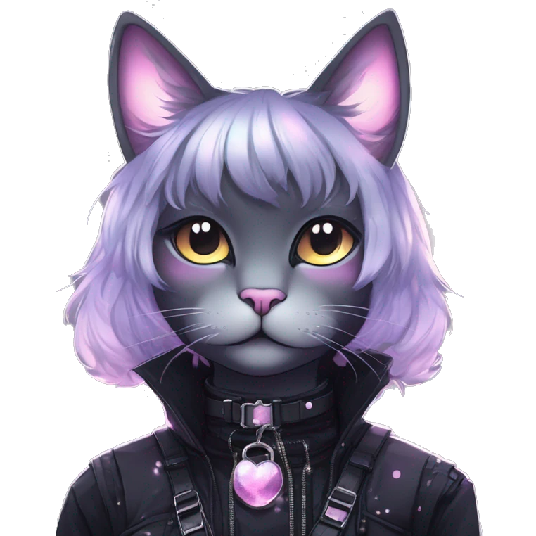 Gorgeous sparkly ethereal shiny gradient gothic dark techwear anime style anthro cat with blushing face aesthetic and pretty edgy black with collar and harness trending style emoji
