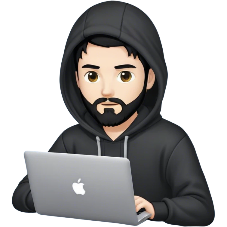 hackeur blanc cheveux noir barbe et capuche noir avec un macbook emoji