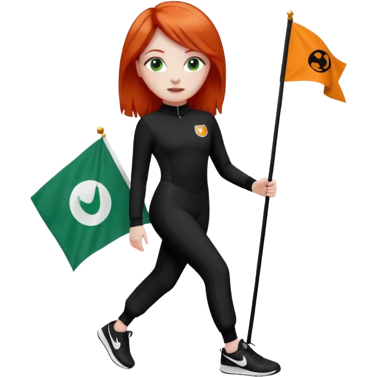 white girl wearing orange cameo trousers and along sleeve high neck black bodysuit with black and white Nike trainers. she has red hair and bluey green eyes and is holding flag with her logo on  emoji