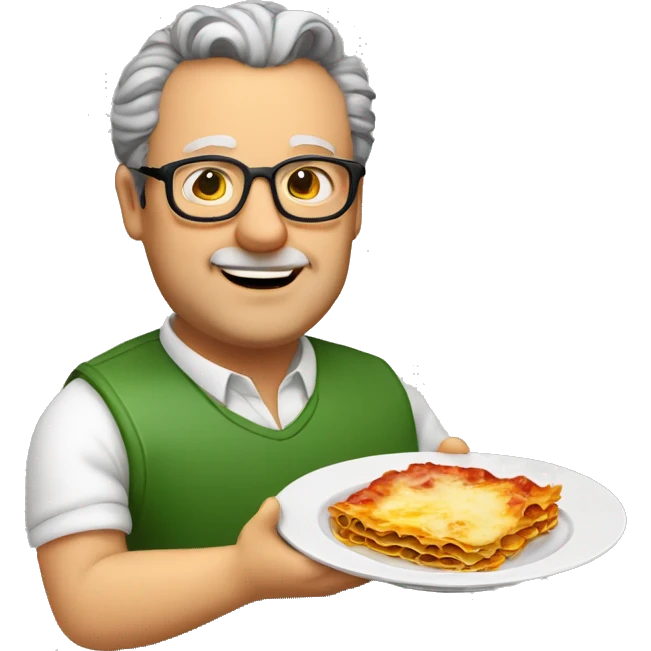 fat middle aged italian man with grey comb-back hair and glasses holding a plate of lasagna emoji