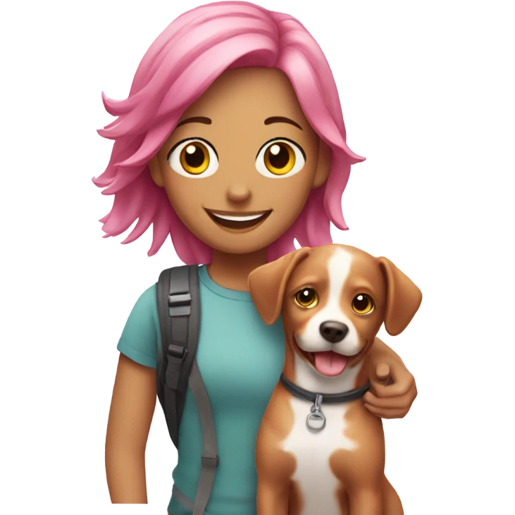 smiling girl with pink hair with dog outdoors emoji