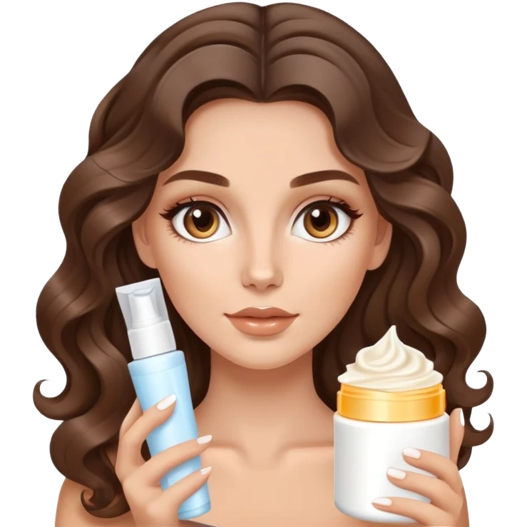 beautiful brunette with a light balayage white girl with nice curls/defined waves, very long hair, clean girl makeup APPLYING A FACE CREAM FOR SKINCARE emoji