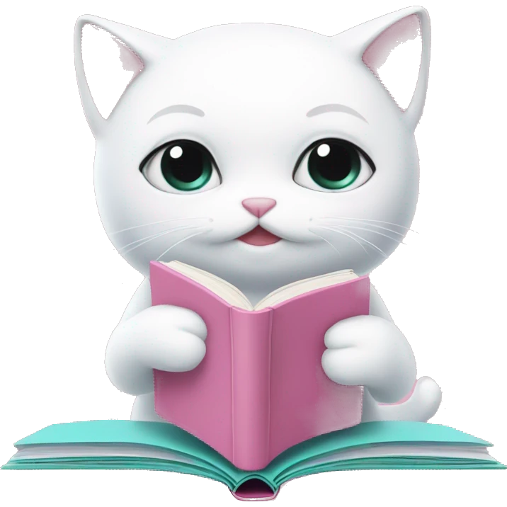 White cat is reading soft pink book emoji