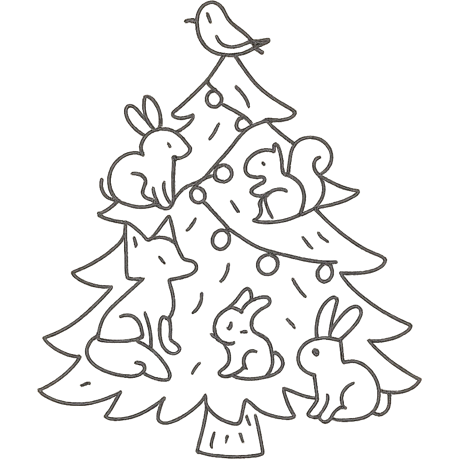 pine tree decorated with soft woodland critters including bunnies, foxes, squirrels, and birds in a soft hand-drawn style emoji