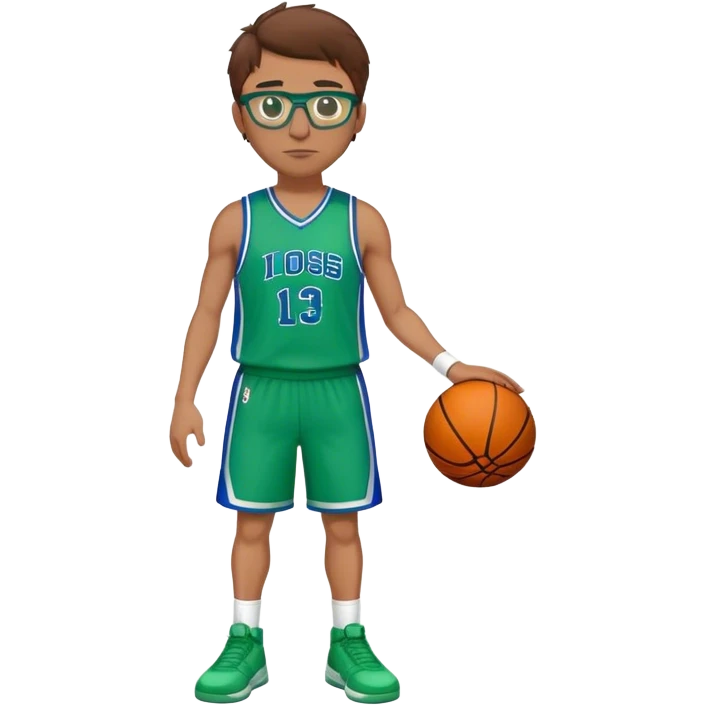 full body brown hair white male basketball player wearing glasses in blue an green uniform emoji