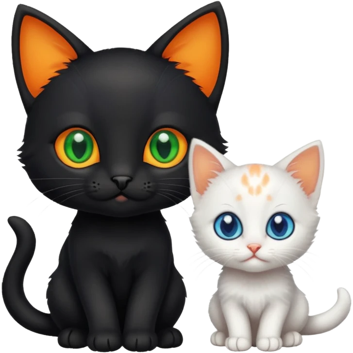 Black kitten with green eyes with small white kitten with orange spots and blue eyes adorable cute tiny  emoji