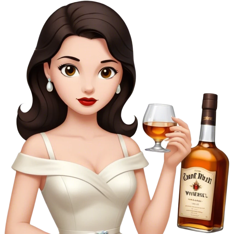 Beautiful woman in 1950’s woman fashion look, white dress, long dark brown hair, whisky with ice emoji