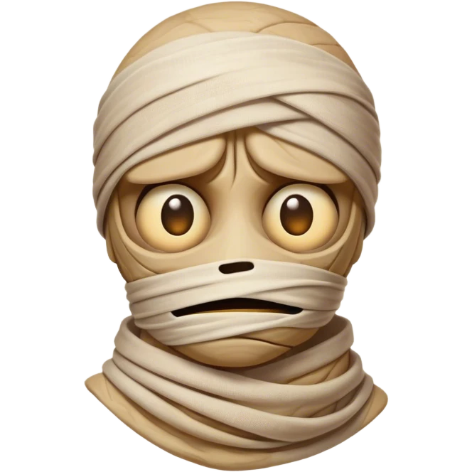 Cinematic Comical Mummy Portrait Emoji, with a humorously disheveled, oversized bandaged form in warm, faded hues, head cocked in a dramatically shocked expression with comically wide eyes peeking through the bandages, simplified yet hilariously expressive, highly detailed with a soft glowing outline that captures the absurd charm of an ancient mummy in playful astonishment! emoji