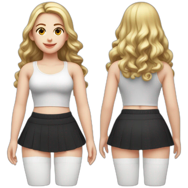 caucasian-curvy-figure scater girl short-black-skirt-back-and-front-views-long-white-socks emoji