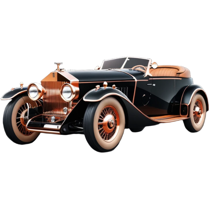 Dark black Bare bones streamlined sporty (stripped down) hot rodded inlaid rose gold and wood accentuated sporty 1932 Rolls Royce with futuristic electric spaceship plasma neon glowing motors and lightening dynamos with wide racing wheels that are held strong by advanced suspension and steering emoji