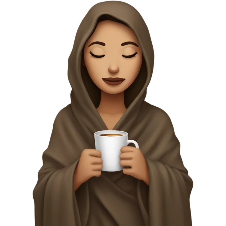 Brunette girl inside a blanket sipping coffee eyes closed emoji