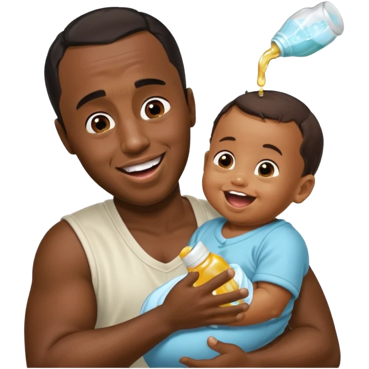 Sean “Diddy” Combs with baby oil and a very small infant and he’s pouring the baby oil on the infant that is laughing with a very exaggerated expression emoji