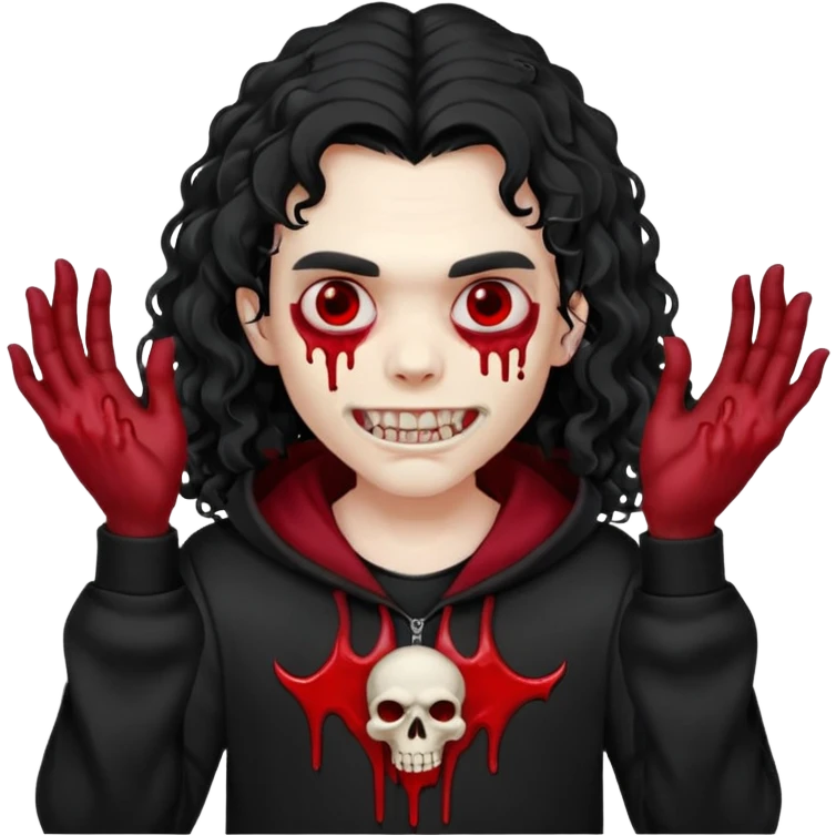 Vampire wearing a black hoodie with a skull logo on it, long curly hair that covers the forehead, fanged teeth and blood on hands emoji