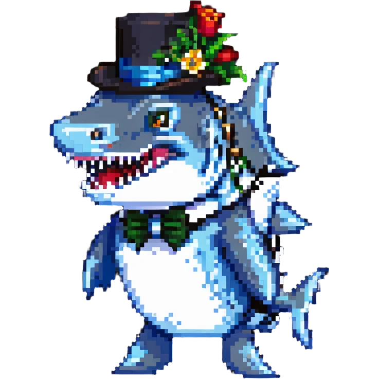 pixel art shark with monocle and tophat emoji