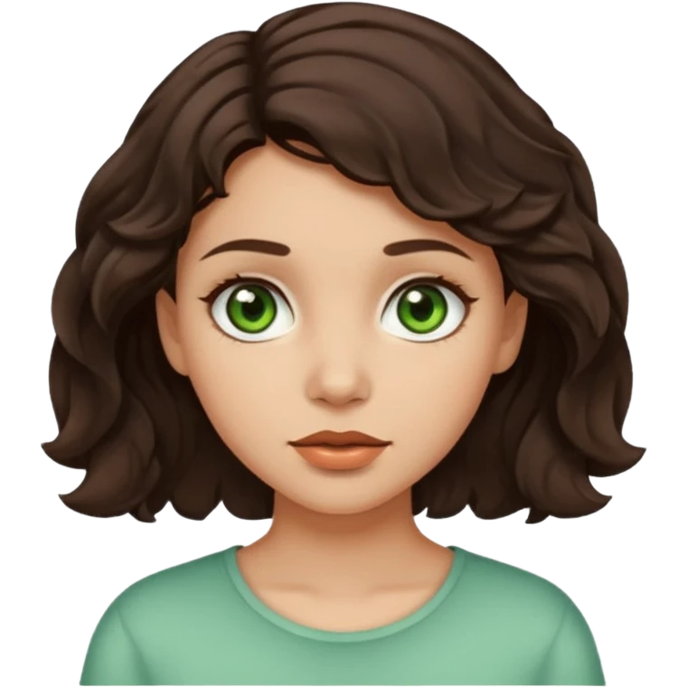 A girl with light skin, short dark brown wavy hair and brown with a little green eyes emoji