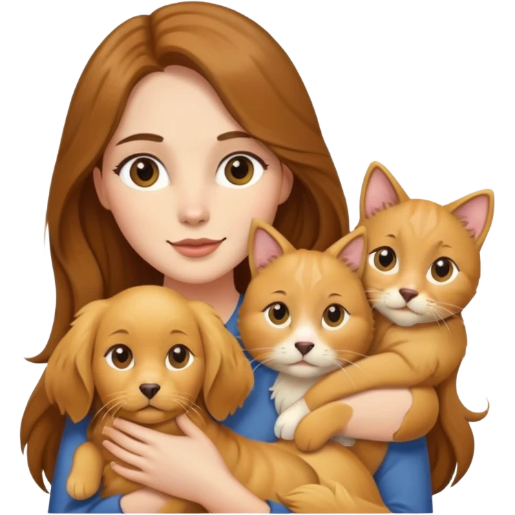 Woman with long brown hair holding a golden retriever dog and three cats emoji