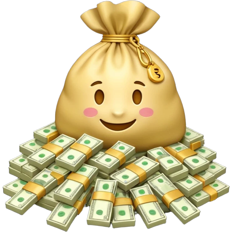 Luxury 3D emoji, overflowing money bag, stacks of cash, premium lighting, rich glossy look, ultra clean, transparent background


 emoji