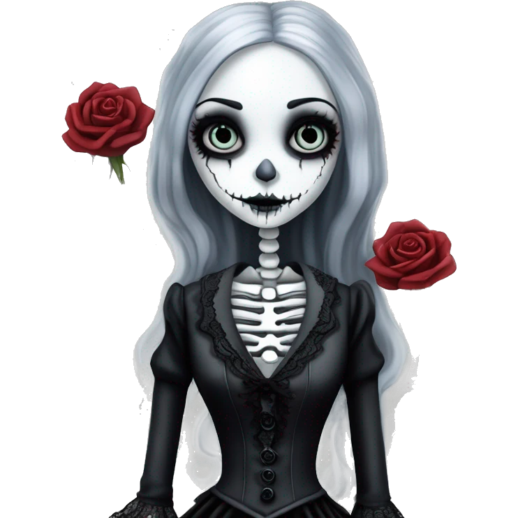 full height skeleton body, tim burton "corpse bride", thin porcelain doll with a cracked face, goth makeup watery eyes, long gray hair, lace and ruffles, lolita style, inked, black and white, red roses emoji
