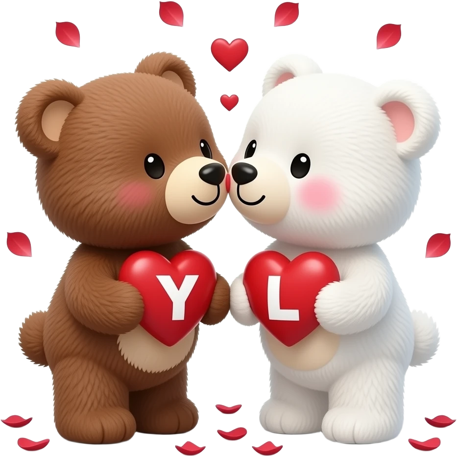 I want one light brown bear teddy kissing on cheek white bear teddy both holding heart surrounded fire , both a little furry, the  white bear blushes and smiles , add letter Y to the heart of the brown bear and letter L to the heart of the white bear , rose petals falling from sky , passion emoji