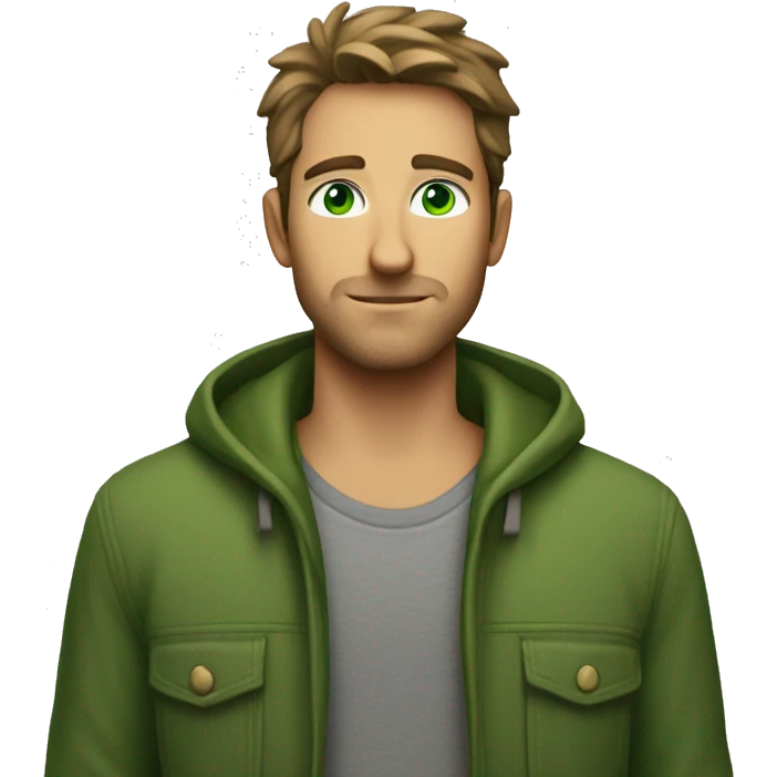 Green eyes, no beard, no smile, mystery view, casual clothing emoji