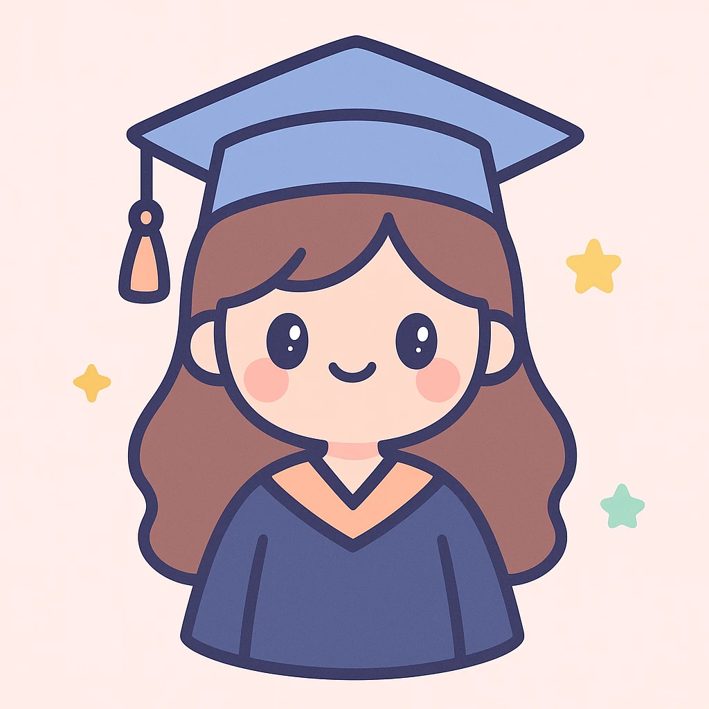 girl with long brown hair smiling wearing graduation hat and robe, cute cartoon style emoji