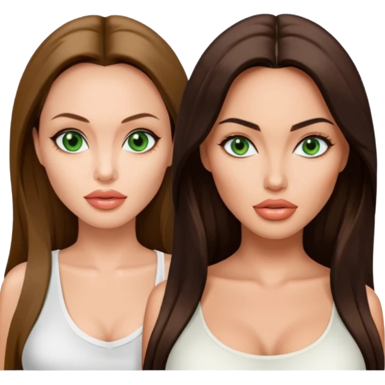 Angelina jolie  Megan fox, fashion model Beautiful woman model adult   large breasts  with monolid narrow green  eyes tan skin, full lips  long hair model white  top   emoji