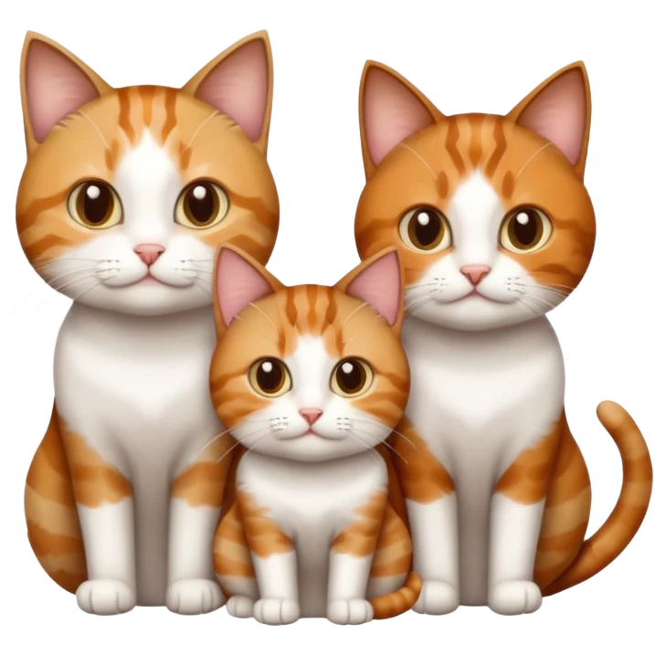3 sibling cats each are various different natural colours; brown tabby and white, calico, and ginger and white emoji