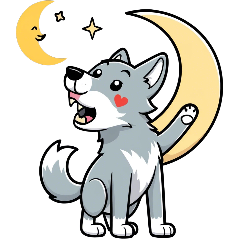 A wolf howling at the moon the moon is shaped like a heart. The wolf has hearts coming out of its mouth, and it’s thumping its leg really fast and excitement. emoji