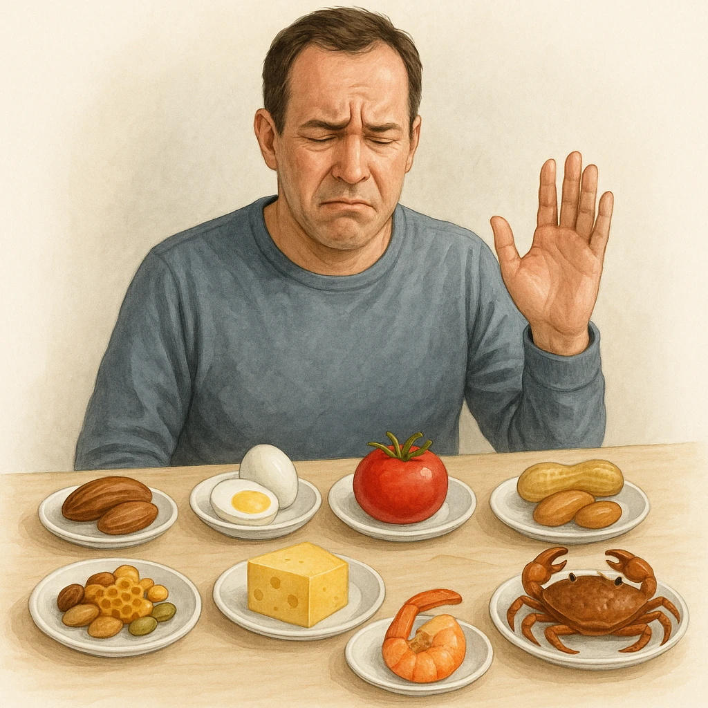 A 40-year-old man suffering from food intolerances, inspired by the reference image, sitting at a table with plates of forbidden foods in front of him, showing a discomforted expression. Realistic or illustrative style with a light background. emoji