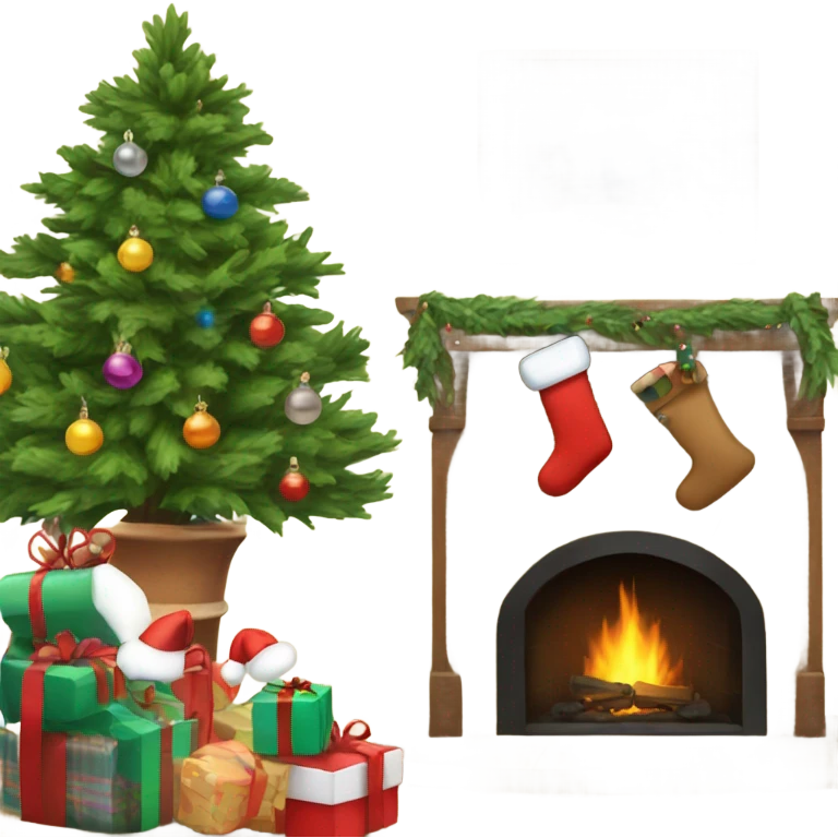 Christmas tree and stocking with a fireplace emoji
