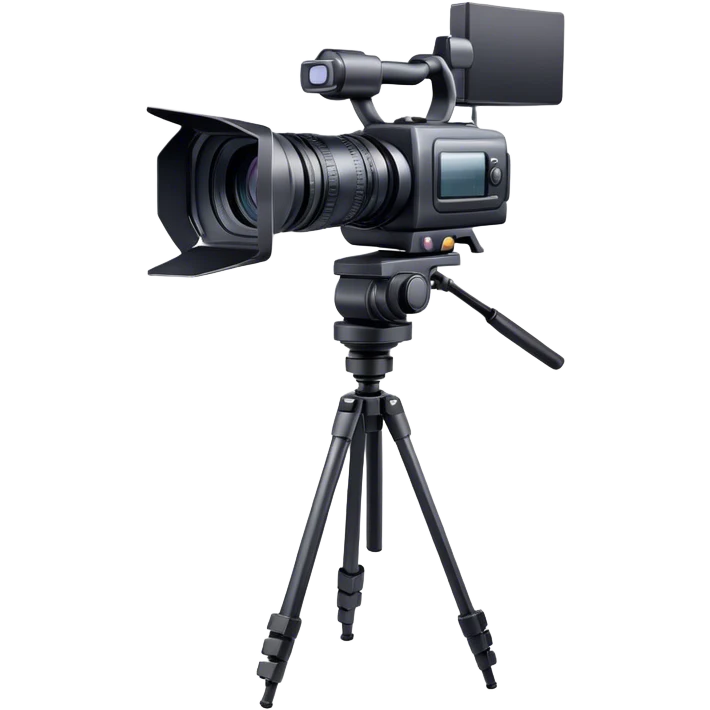 Create an emoji for video recording. Show a  single lens professional video camera with screen and image on it, on heavy tripod. Use modern, professional colors. Do not include any emojis or smiley faces. Make the background transparent. emoji