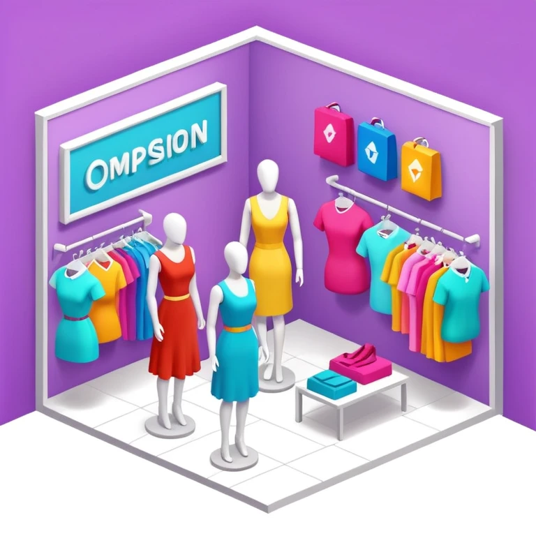 isometric clothing boutique shop with mannequins and colorful clothes emoji