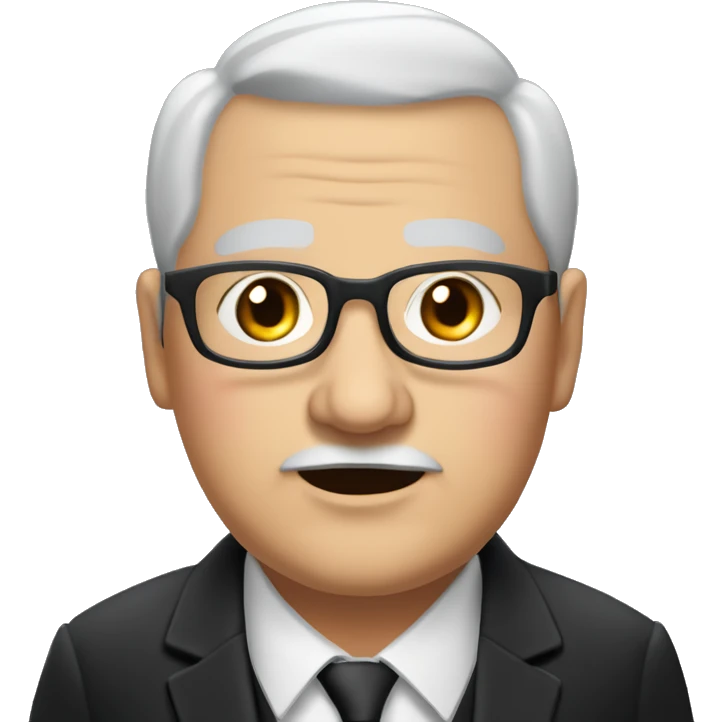 Chubby man of about 60 years with grey hair and a bald shin. Small round glasses, dark eyes and a double chin. Chubby pointed nose. He wears a black suit with waistcoat, jacket and tie. emoji