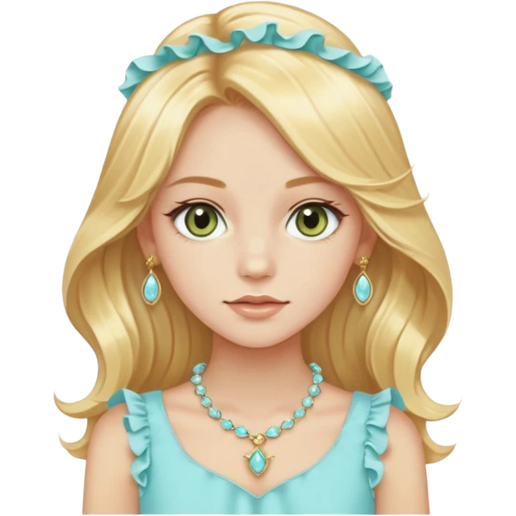girl with long styled straight-wavy light golden-yellow blonde hair, light hazel-green eyes, pale peach skin, wearing a fancy ruffled light pastel aqua-blue top and expensive light golden jewelry emoji