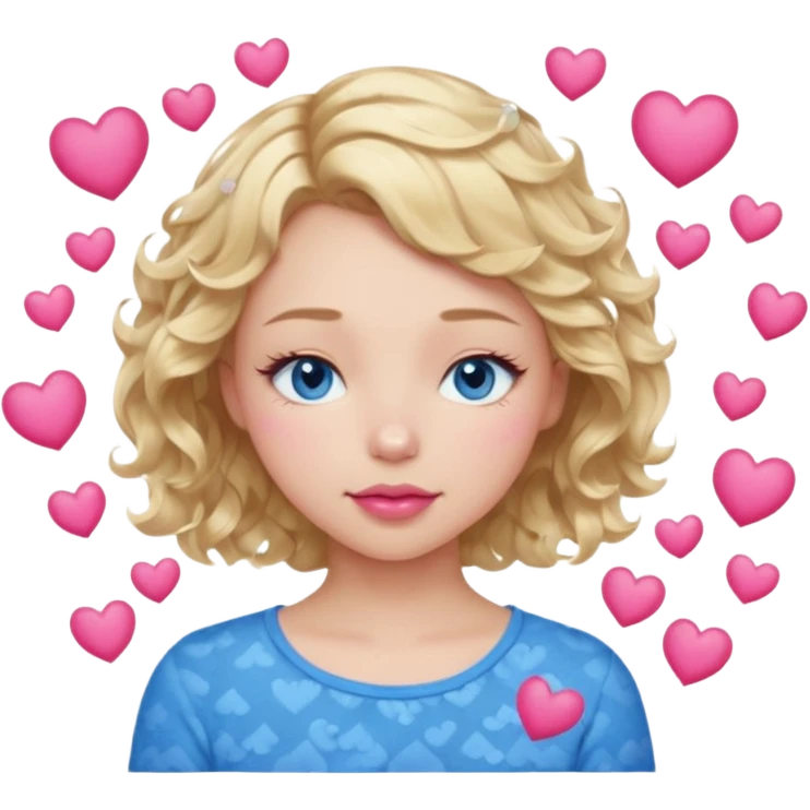 Girl Blonde short wavy hair,  blue eyes, cute blue top, long lashes, pink lips, sleeping eyes closed, hearts floating  emoji