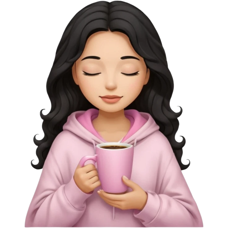 hispanic woman, black long wavy hair , closed eyes, feminine face, holding soft pink coffee cup wearing white Hoodie with pink blanket over shoulders emoji
