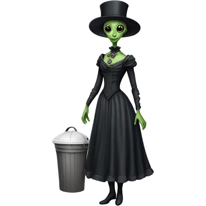 alien galora in Victorian dress elegant, full body, holding a trash bidon emoji