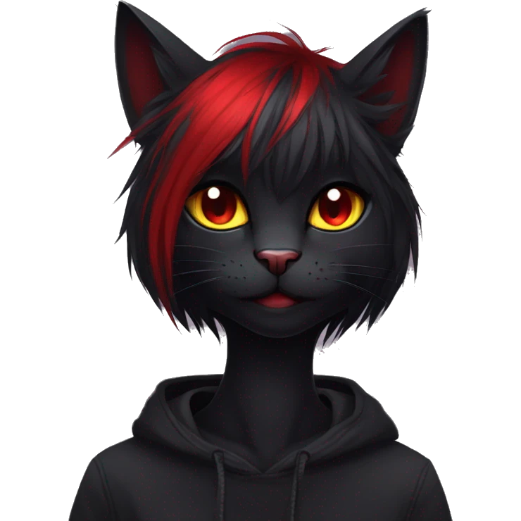 Anthro Edgy Cool Beautiful Black Cat-Fursona with Emo Hair-bangs with Red Streaks emoji