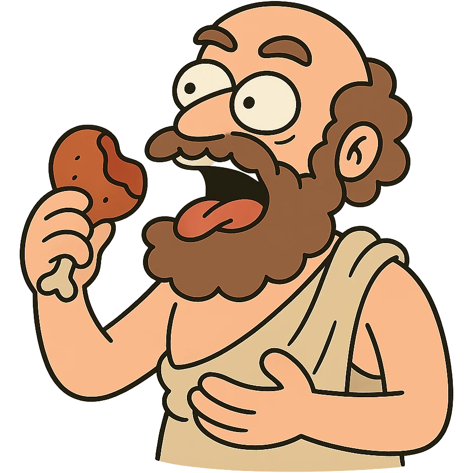 cartoon philosopher eating, exaggerated pose, big head, food in hand, bright colors emoji