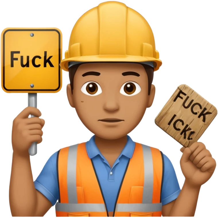 Construction worker with sign in hand says “FUCK” emoji